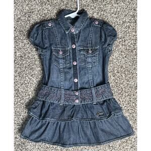 Y2K Baby Guess Denim Dress Girls Sz 24M Tiered Ruffle Puff Sleeve Belt Western